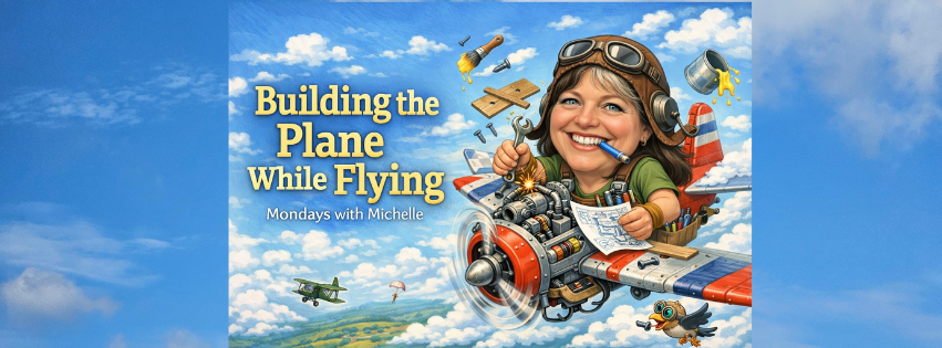 Character image of Michelle flying a plane while assembling it with parts.